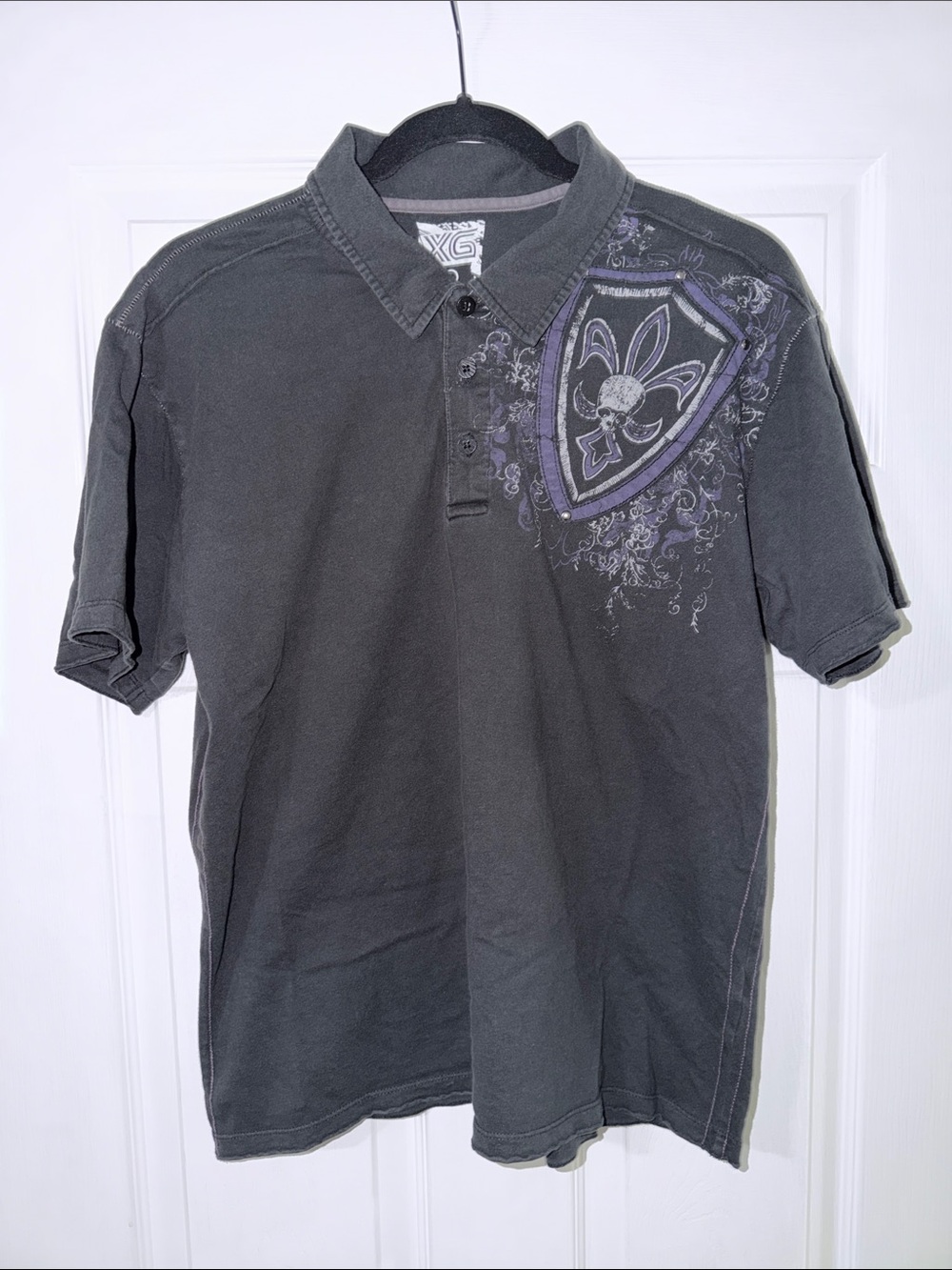 Men's Black Polo Shirt with Purple Shield Skull Graphic